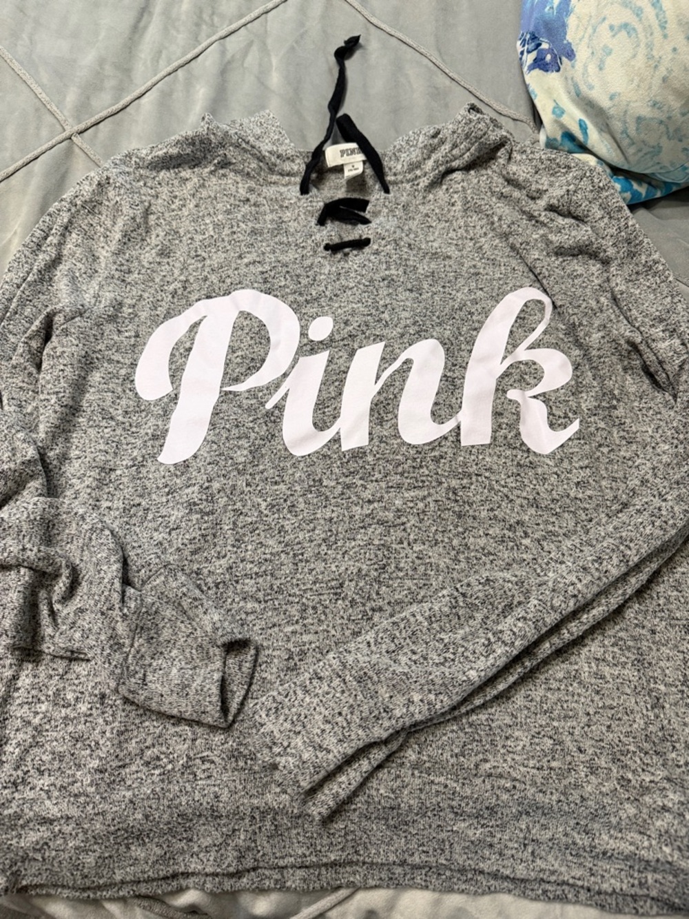 PINK Grey Marled Lace-Up Hoodie with White Logo and Black Ties